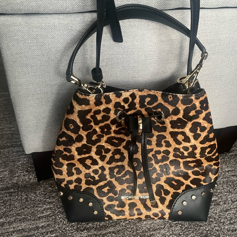 Michael Kors Mercer Galler Leopard Print Calf Hair and Leather Drawstring Bag